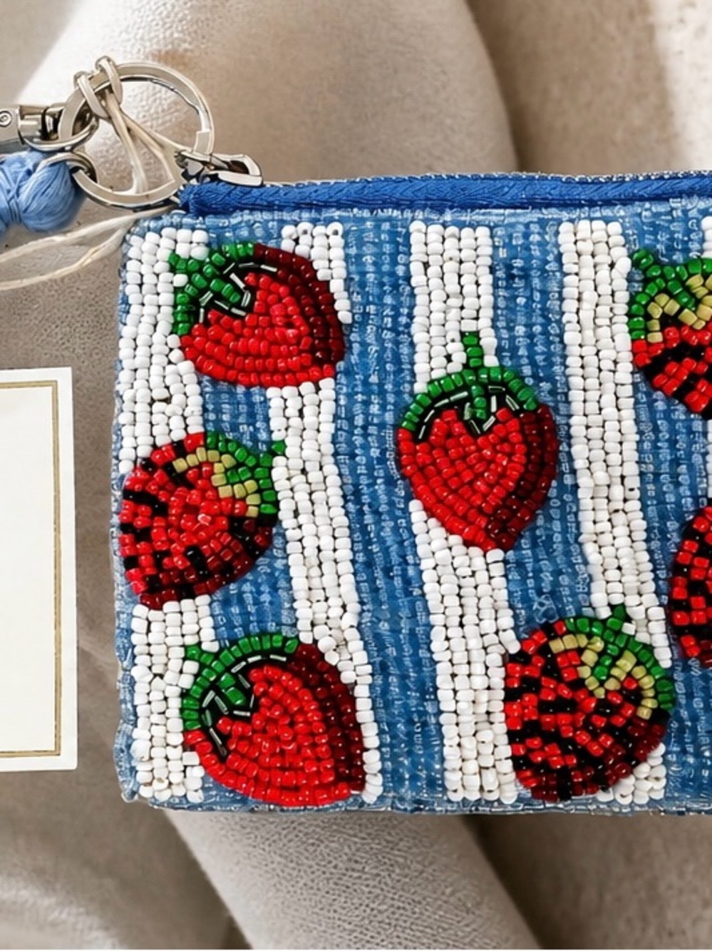 Sol and Mer Beaded Strawberry Coin Pouch - Blue & Red